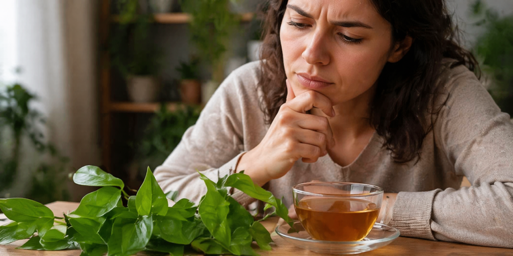 Sobre uma mesa de madeira uma xícara de vidro com chá e folhas frescas de guaco ao lado, atrás uma mulher com a mão no queixo como que pensando se guaco faz mal.