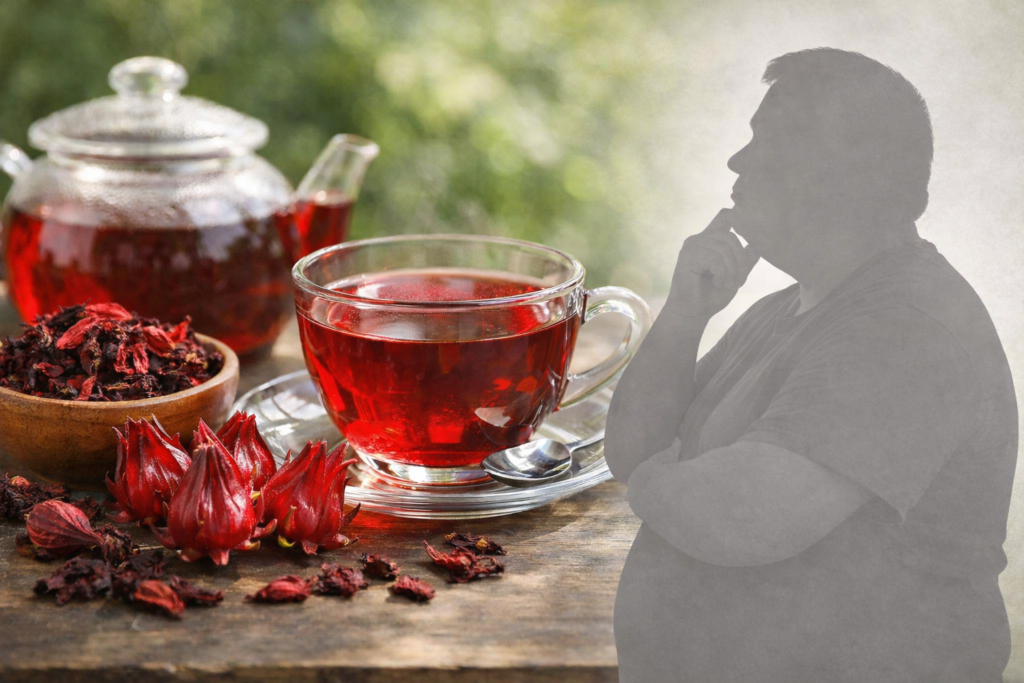 Uma xícara e uma chaleira com chá ao lado de cálices frescos e secos de hibisco, ao lado uma silhueta de um homem gordo com a mão no queixo como que pensando se hibisco ajuda a perder peso.