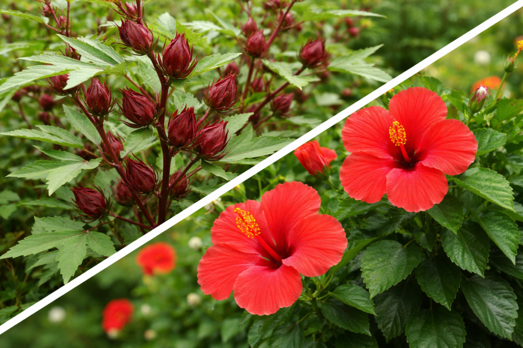 Imagem dividida na diagonal onde na parte superior esquerda está uma planta de hibisco medicinal com seus cálices e na parte inferior direita está uma planta de hibisco ornamental com suas flores vermelhas para assim ver a diferença entre hibisco medicinal e  hibisco ornamental.