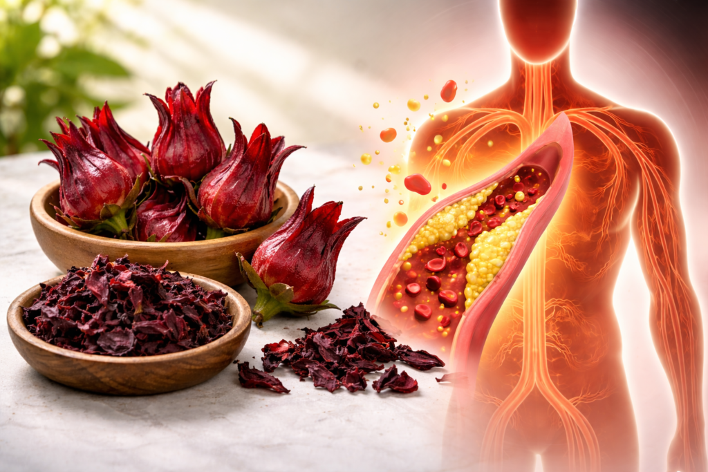 Na esquerda da imagem cálices frescos e secos de hibisco para fazer chá e a direita uma silhueta humana com destaque para veias em especial para uma em destaque mostrando o colesterol para representar se o hibisco pode reduzir o colesterol.