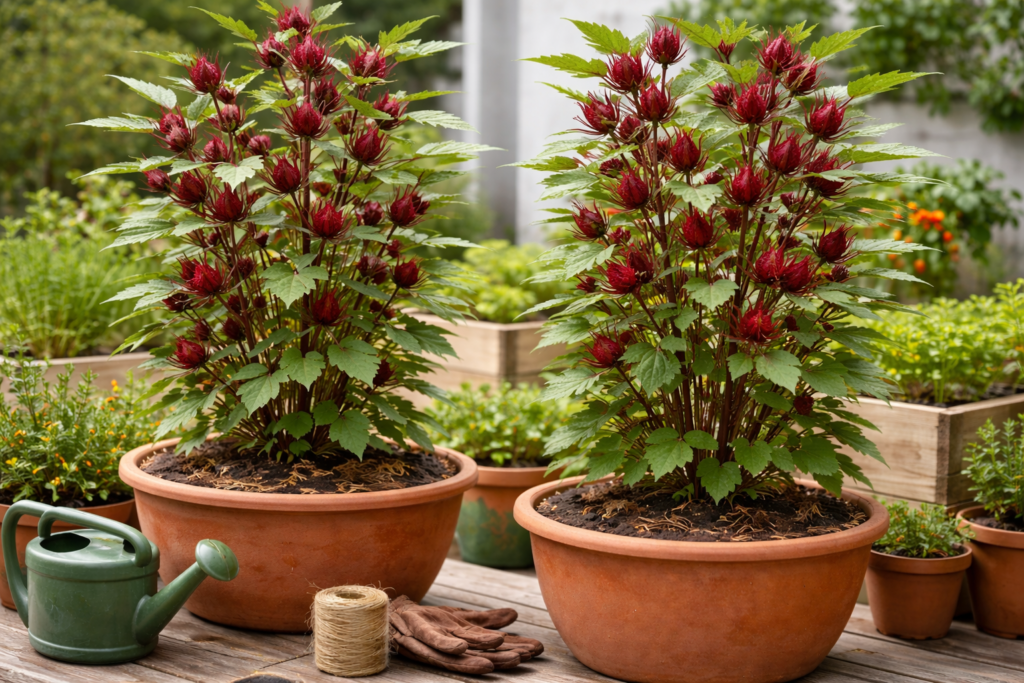 Imagem em uma horta caseira com destaque para dois vasos com plantas de hibisco medicinal com suas folhas verdes e cálices vermelhos, mostrando assim como cultivar hibisco em casa.