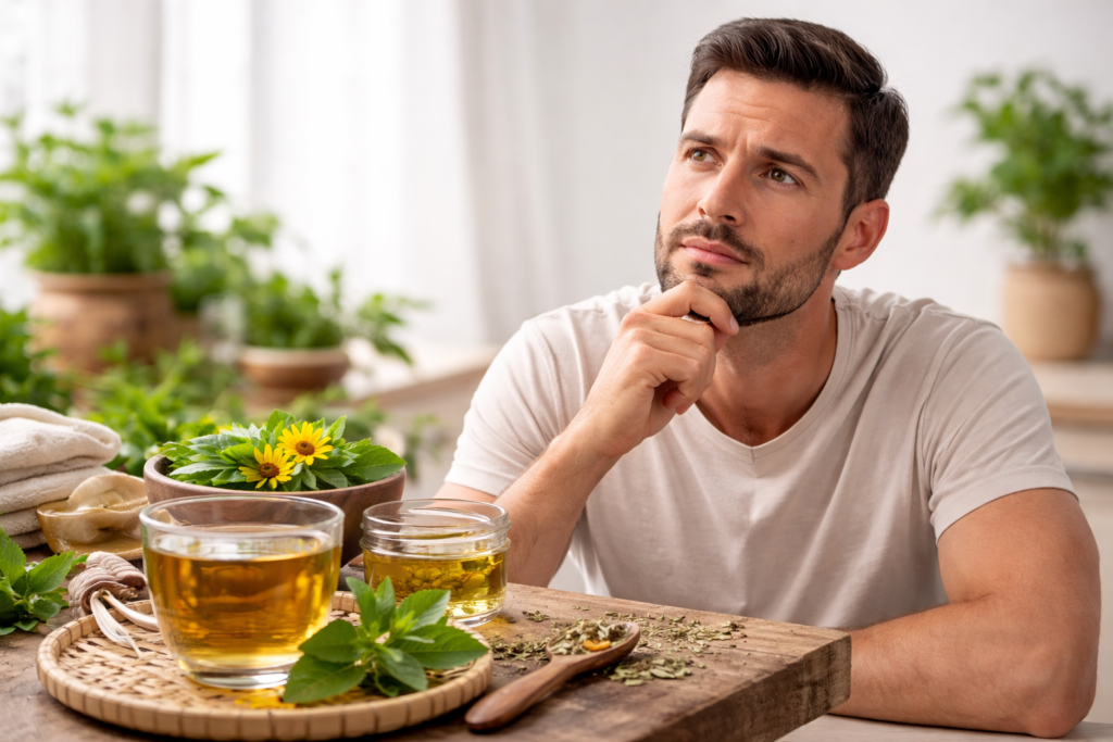 Homem com a mão no queixo como que pensando se picão da praia pode ser consumida em chá, tendo em sua frente uma xícara de vidro com chá e ao redor folhas frescas com flores amarelas e folhas secas de picão da praia.
