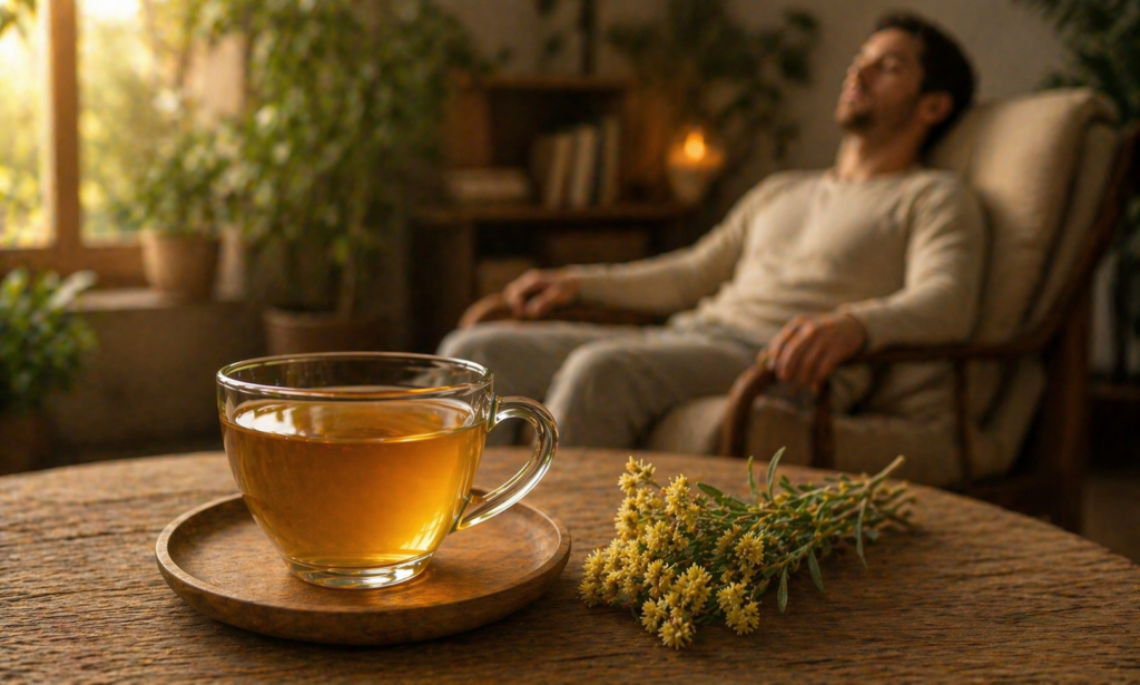 Em uma sala bem tranquila e sobre uma mesa uma xícara de vidro com chá ao lado de flores frescas de marcela, ao fundo um homem sentado em uma poltrona em posição confortável e relaxado para representar se marcela é calmante.