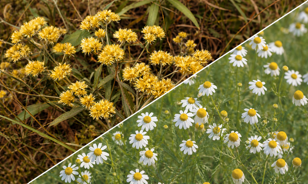 Marcela ou Camomila. Imagem dividida na diagonal onde na parte superior esquerda está uma planta de marcela com suas flores cor dourada, na parte inferior direita estão plantas de camomila com suas flores de miolo amarelo e pétalas brancas.