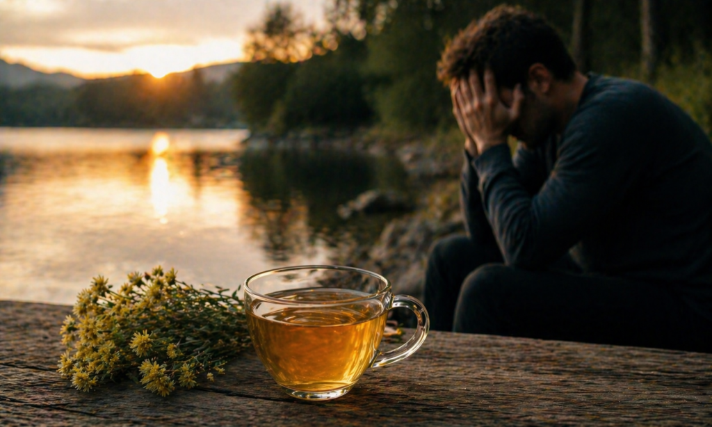 Em uma mesa rustica de madeira na beira de um lago e árvores uma xícara de vidro com chá ao lado de flores de marcela, ao lado um homem com as mãos sobre o rosto em uma situação de ansiedade, representando assim se marcela para ansiedade faz efeito.