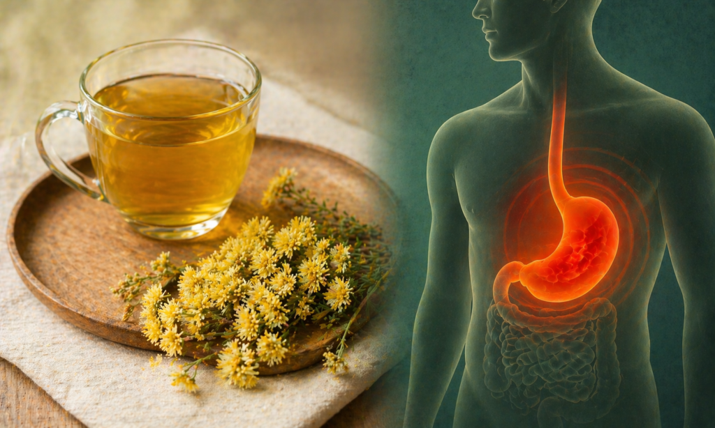 Uma xícara de vidro e próximo umas flores frescas de marcela, ao lado uma silhueta de um corpo humano com destaque em vermelho para o estômago para representar assim o uso de marcela para gastrite.