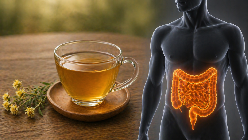 Sobre uma mesa de madeira umas flores frescas de marcela e uma xícara de vidro com chá, ao lado uma silhueta humana com destaque em vermelho para o intestino para representar se marcela prende ou solta o intestino.