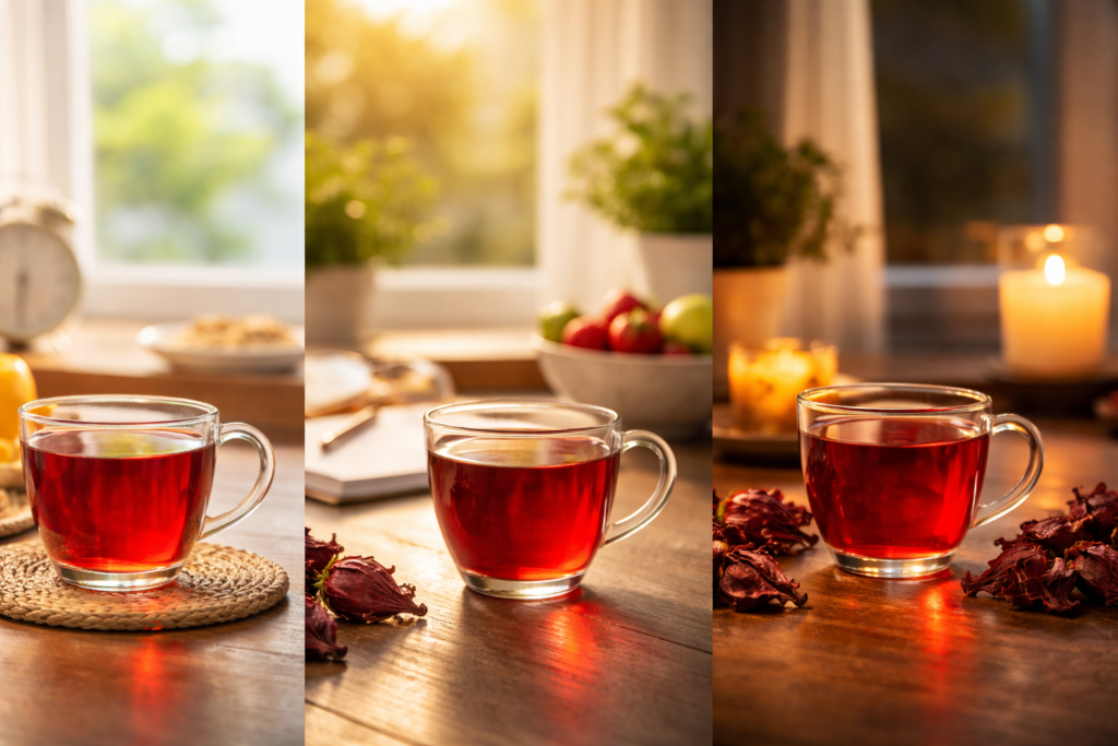Imagem dividida em três partes para mostrar qual o melhor horário para beber chá de hibisco, na esquerda mostra uma xícara de vidro com chá de hibisco e uma janela ao fundo com luz bem clara como de manhã, ao centro outra xícara com chá e ao fundo uma luz natural mais amarelada como a tarde, e a direita uma xícara de vidro com chá de hibisco e ao fundo luz de vela e ambiente mais escuro como a noite.