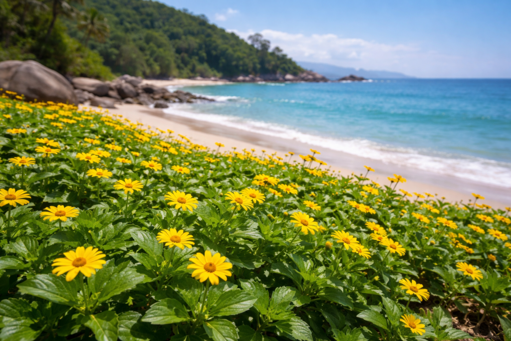 Picão da praia cresce qualquer lugar? Na imagem vemos muitas plantas rasteiras com folhas verdes e muitas flores com miolo e pétalas amarelas na beira de uma linda praia.