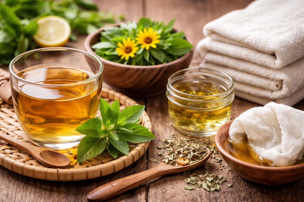 Imagem mostrando para que serve picão da praia, com uma xícara de vidro com chá, um pote de madeira com pano dentro e um pote de plástico com solução próximo a toalhas de pano para compressas e para ilustrar folhas frescas e duas flores amarelas de picão da praia.