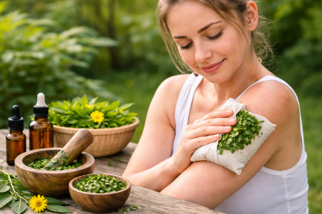 Em um ambiente externo sobre uma mesa de madeira folhas e flores frescas de picão da praia e recipientes com folhas maceradas e uma mulher com compressa sobre um braço para representar que o picão da praia tem ação anti-inflamatória.