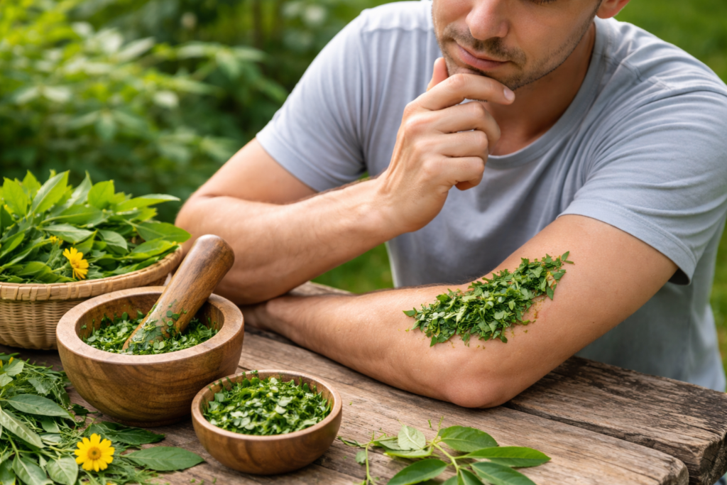 Sobre uma mesa de madeira várias folhas frescas e flores de picão da praia e em potes de madeira folhas picadas e maceradas e um homem com folhas maceradas sobre o braço e com outra mão no queixo como que pensando se picão da praia é seguro para uso externo.