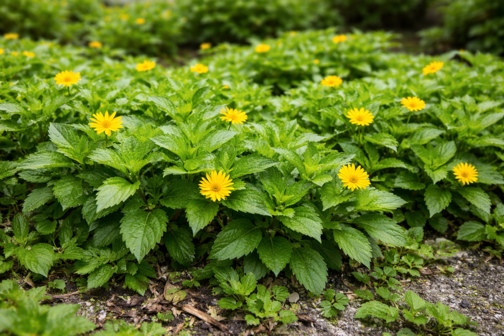 Plantas rasteiras de picão da praia em seu habitat natural com folhas verdes e flores amarelas para perceber assim a diferença entre picão da praia e outras ervas.
