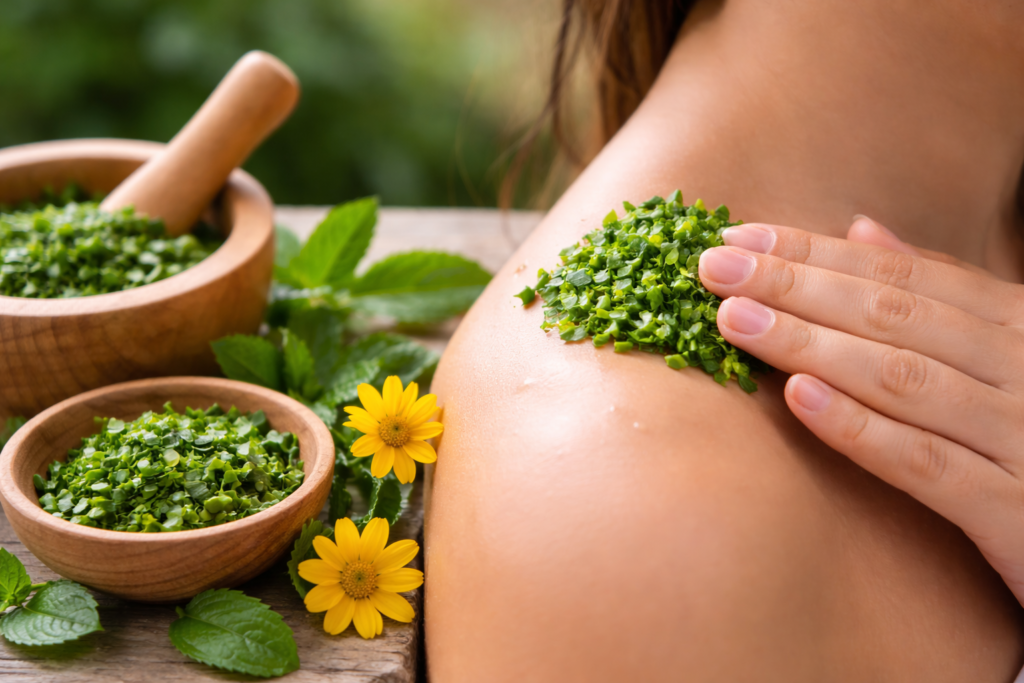 Imagem mostrando o uso d picão da praia para pele, a esquerda sobre uma mesa folhas frescas e flores amarelas de picão da praia e dois potes de madeira com folhas frescas picadas e maceradas, na direita uma pessoa colocando folhas maceradas sobre o ombro.