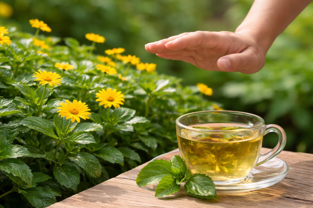 No canto inferior direito uma mesa de madeira e em cima uma xícara de vidro com chá, na lateral esquerda várias plantas de picão da praia com suas folhas verdes e flores amarelas e no canto superior direito uma mão humana sobre as plantas e o chá simbolizando cautela representando assim se picão da praia tem contraindicações.