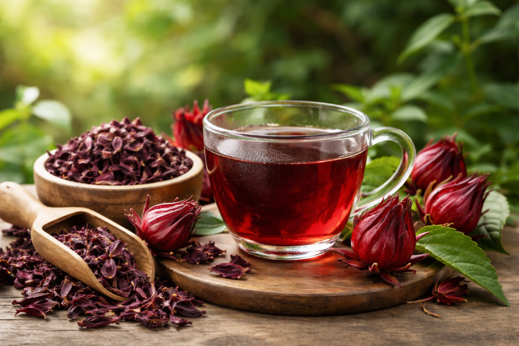 Imagem para mostrar as propriedades medicinais do hibisco, sobre uma mesa de madeira uma xícara de vidro com chá, ao lado um pote e um medidor de madeira com hibisco seco e ao redor cálices de hibisco e algumas folhas verdes.