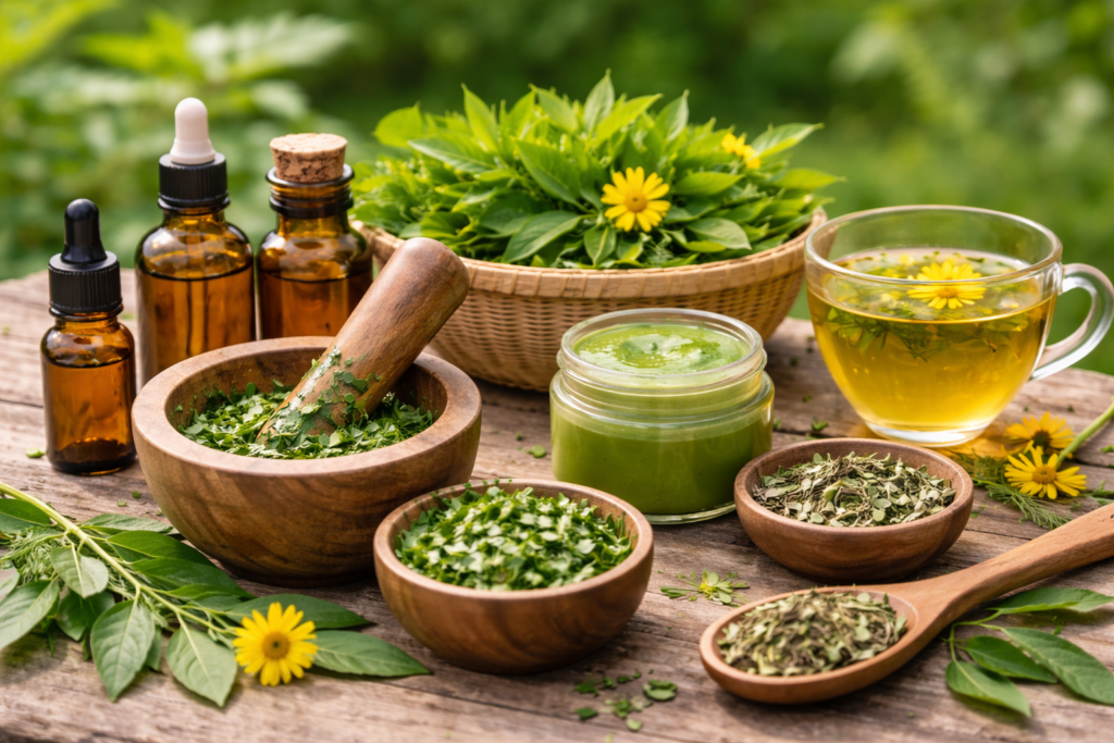 Sobre uma mesa de madeira folhas e flores frescas de picão da praia, potes com folhas picadas e maceradas, folhas secas, pomada, xícara de vidro com chá e frascos de vidro com extrato para ilustrar as propriedades medicinais do picão da praia.