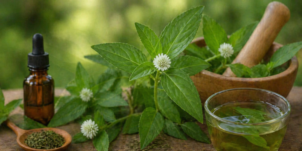 Sobre uma mesa de madeira folhas com flores frescas de erva botão ao lado xícara de vidro com chá, folhas secas e frasco de vidro com extrato, uma tigela de madeira com o espremedor para macerar a planta, representando assim as propriedades medicinais da erva-botão.