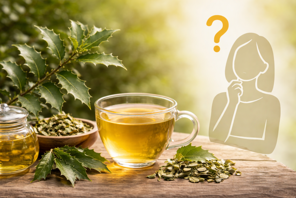 Sobre uma mesa de madeira uma xícara de vidro com chá e ao redor folhas frescas e secas de espinheira santa, ao lado uma silhueta de uma mulher com a mão no queixo e em cima um ponto de interrogação para assim ilustrar quando tomar a espinheira-santa.