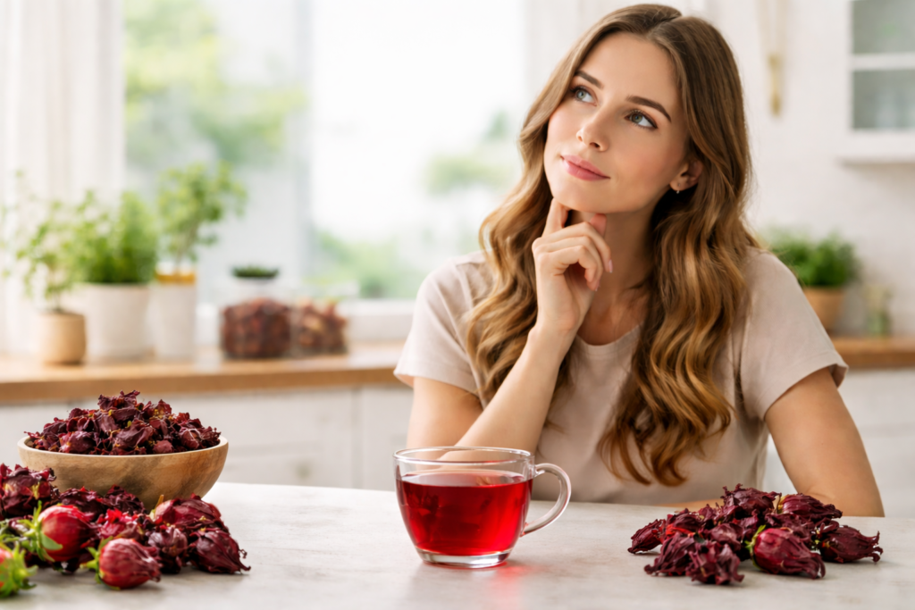 Dentro de uma casa e sobre uma mesa uma xícara de vidro com chá e ao redor cálices frescos e secos de hibisco e uma mulher com a mão no queixo como que pensando quantas xícaras de chá de hibisco por dia é seguro tomar.