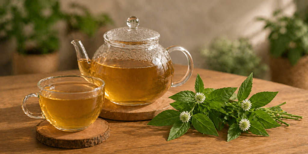 Sobre uma mesa de madeira uma xícara e um bule de vidro ambos com chá e ao lado ramos frescos de erva botão com flores brancas e folhas verdes, para ilustrar o artigo sobre quantidade segura de erva-botão por dia.