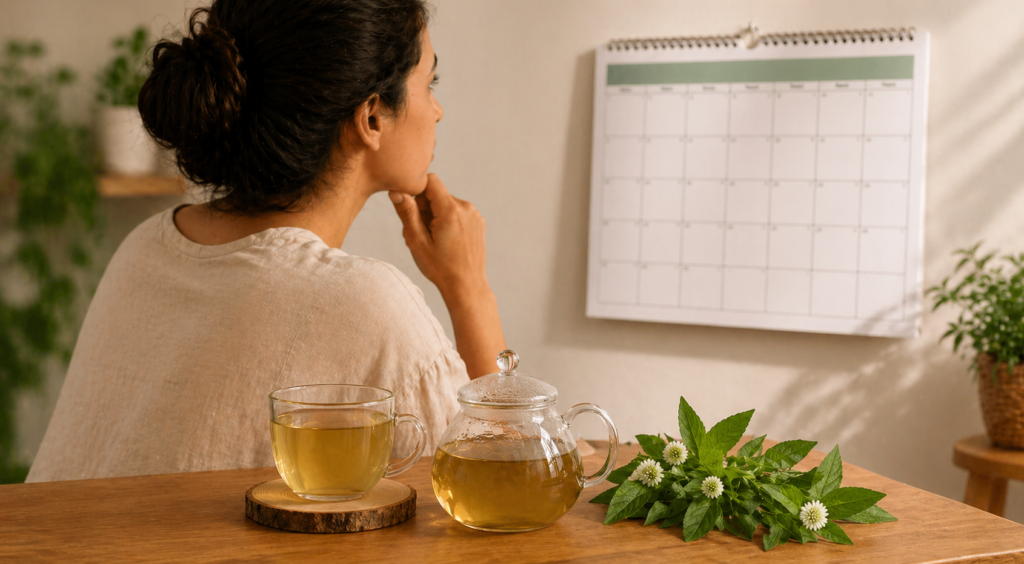 Sobre uma mesa de madeira uma xícara e um bule de vidro com chá e ao lado ramos frescos de erva botão com folhas verdes e flores brancas e uma mulher olhando para um calendário e com uma mão no queixo como que pensando quanto tempo pode usar erva-botão.
