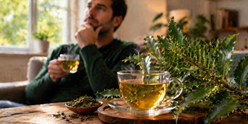 Sobre uma mesa de madeira uma xícara de vidro com chá ao lado de folhas frescas e secas de espinheira santa, mais ao fundo um homem sentado e em uma mão segurando uma xícara de chá e outra mão no queixo com dúvida como que pensando quanto tempo pode tomar espinheira-santa.