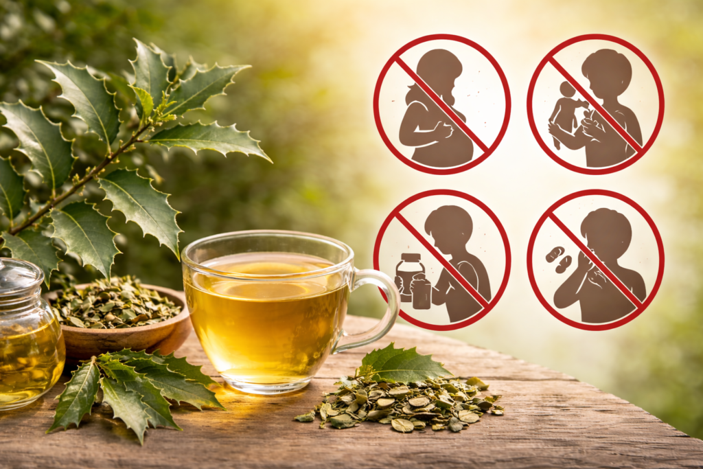 Sobre uma mesa de madeira uma xícara de vidro com chá e ao redor folhas frescas e secas de espinheira santa no canto superior direto 4 silhuetas com símbolo de proibido para gestante, crianças e pessoas que consomem medicamentos, para representar quem não deve tomar espinheira santa.