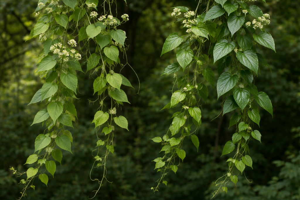 Duas plantas trepadeiras chamadas de guaco, a da esquerda tem folhas verdes menos brilhantes e a da direita com folhas verdes brilhantes para mostrar os tipos de guaco.