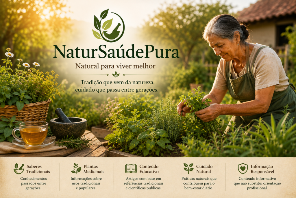Imagem com algumas descrições sobre o site e mostrando uma senhora colhendo ervas medicinais em sua horta, ao lado uma mesa com ervas, um pote esmagador de ervas e uma xícara de vidro com chá, mostrando assim que as plantas medicinais e saúde natural vem de gerações.