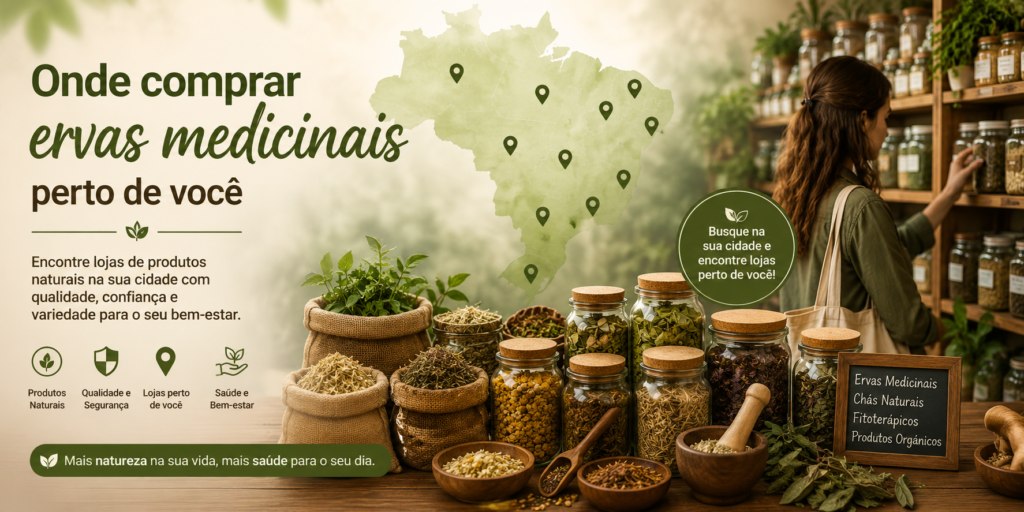 Imagem para representar onde comprar ervas medicinais perto da sua casa, a frente uma mesa com sacos e potes de vidros com vários tipos de ervas medicinais, ao lado prateleiras cheias de potes de vidro com chás e ervas representando assim uma loja e ao fundo em coloração esverdeada uma silhueta do mapa do Brasil com pontos de endereços marcados.